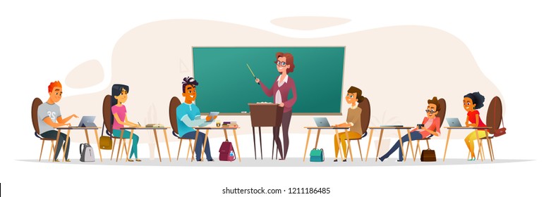 Educational process conceptual modern flat illustration. Pupils in the classroom. Young people listen to the teacher