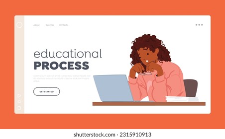 Educational Process Landing Page Template. Surprised Woman Staring At Laptop Screen In Disbelief. Female Character with Expression Of Astonishment On Her Face. Cartoon People Vector Illustration