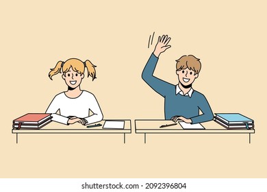 Educational process and learning concept. Smiling pupils boy and girl sitting at lesson and raising hand ready to answer having knowledge vector illustration 