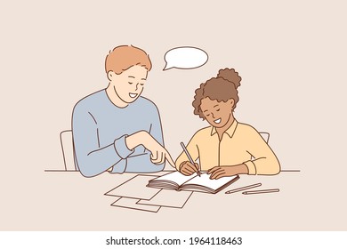 Educational process, learning concept. Young Male Elementary School Teacher helping in learning to girl female pupil schoolgirl during lesson at school vector illustration 