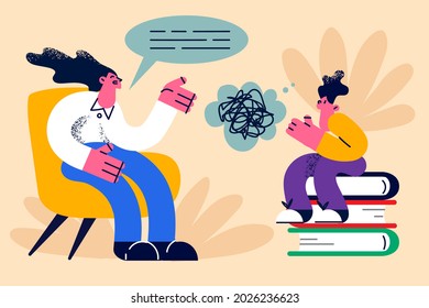 Educational process, learning, knowledge concept. Young smiling woman mother or teacher sitting and teaching sitting on books thinking small boy vector illustration 