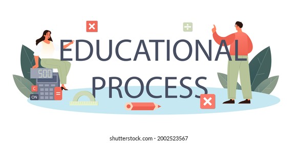 Educational process typographic header. Mathematician seek and use scientific pattern and research to formulate new calculation. Math analysis and conjecture computing. Vector illustration.