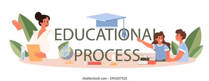 Educational process typographic header. Teacher giving a lesson in a classroom. School or college workers. Idea of education and knowledge. Isolated flat vector illustration