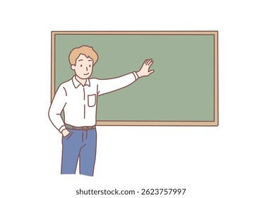 Processo educacional na universidade Educação, explicação, conceito de palestra. Jovem professor de homem sorridente, professor, explicando material sobre a aula de escola perto da lousa. Ilustração de design de estilo desenhado à mão