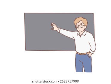 Processo educacional na universidade Educação, explicação, conceito de palestra. Jovem professor de homem sorridente, professor, explicando material sobre a aula de escola perto da lousa. Ilustração de design de estilo desenhado à mão