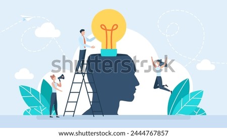 Educational psychology tiny person concept with light bulb and head. New bright idea form human head, thinking about success solution, lightbulb as creativity metaphor. Vector illustration