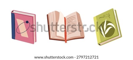 Educational publication for class work and study. Vector college or university disciplines books. Open and closed textbooks set. Obtaining knowledge, reading and learning academic use