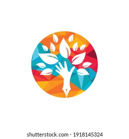 Educational or publishing logo design concept. Human hand and with pen icon design. 