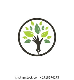 Educational or publishing logo design concept. Human hand and with pen icon design. 