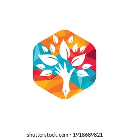 Educational or publishing logo design concept. Human hand and with pen icon design. 