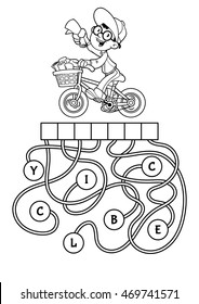 Educational puzzle game with boy on bike. Find the hidden word. Cartoon vector illustration.