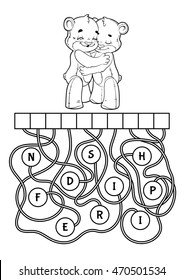 Educational puzzle game with cute bears. Find the hidden word. Cartoon vector illustration.