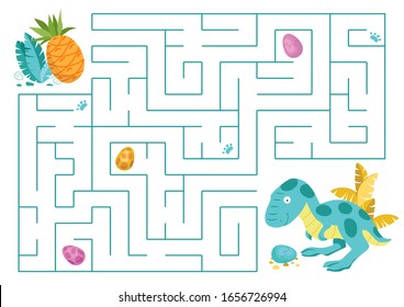 Educational puzzle game with cute dino. Vector illustration of maze (labyrinth) educational game. Children's cartoon