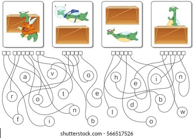 Educational puzzle game with dragon for kids. Find the hidden prepositions in front of, above, below, behind