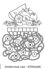 Educational puzzle game with fruits. Find the hidden word. Cartoon vector illustration.