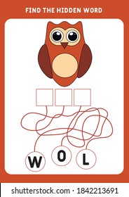 An educational puzzle game with a Funny little Owl. Find the hidden word - Owl. Cartoon vector illustration.   Preschool worksheet. 