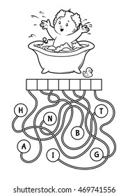 Educational puzzle game with happy baby in the bath. Find the hidden word. Cartoon vector illustration.