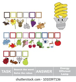 Educational puzzle game for kids. Find the hidden word Energy Efficient Lamp