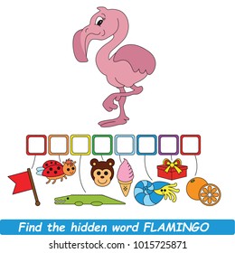 Educational Puzzle Game For Kids. Find The Hidden Word Flamingo