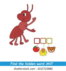 Educational Puzzle Game For Kids. Find The Hidden Word Ant