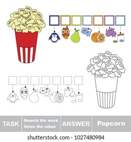 Educational puzzle game for kids. Find the hidden word Popcorn