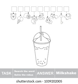 Educational puzzle game for kids. Find the hidden word Milkshake