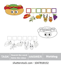 Educational puzzle game for kids. Find the hidden word fust food Hotdog