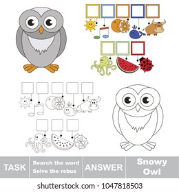 Educational puzzle game for kids. Find the hidden word bird Snowy Owl
