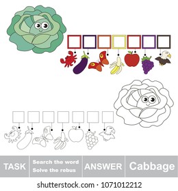 Educational puzzle game for kids. Find the hidden word funny Cabbage Vegetable