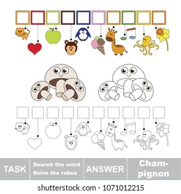 Educational puzzle game for kids. Find the hidden word funny Mushroom Vegetable