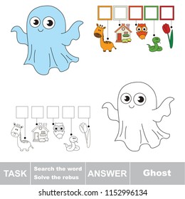Educational puzzle game for kids. Find the hidden word Cute Flying Ghost