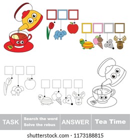 Educational puzzle game for kids. Find the hidden word Kettle and tea cup