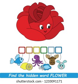 Educational puzzle game for kids. Find the hidden word Rose
