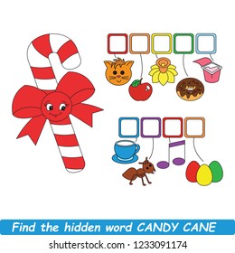 Educational puzzle game for kids. Find the hidden word Smiley Candy Cane