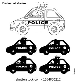 Educational Puzzle Game for kids. Find correct shadow. Police car. Coloring Page Outline Of cartoon policeman with car. Coloring book for children.