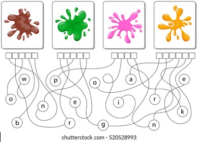 Educational puzzle game for kids. Find the hidden words brown, green, pink, orange