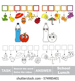 Educational puzzle game for kids. Find the hidden word Water Bottle and Red Apple