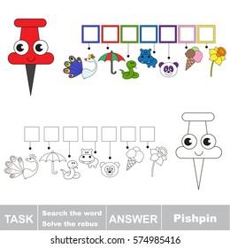 Educational puzzle game for kids. Find the hidden word Pushpin