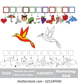Educational puzzle game for kids. Find the hidden word Hummingbird