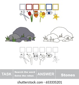 Educational puzzle game for kids. Find the hidden word Stones