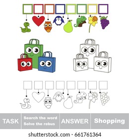 Educational puzzle game for kids. Find the hidden word Shopping