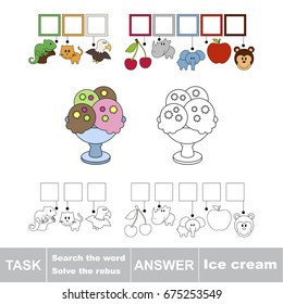 Educational puzzle game for kids. Find the hidden word Ice-Cream in vase