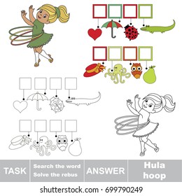 Educational puzzle game for kids. Find the hidden word Sport Girl with Hula Hoop