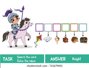 Educational puzzle game for kids. Find the hidden word Knight. (Vector illustration)