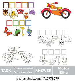 Educational puzzle game for kids. Find the hidden word Motor Bike