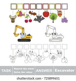 Educational puzzle game for kids. Find the hidden word Excavator