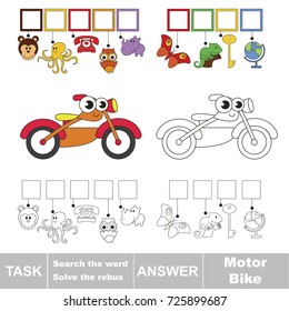 Educational puzzle game for kids. Find the hidden word Motor Bike