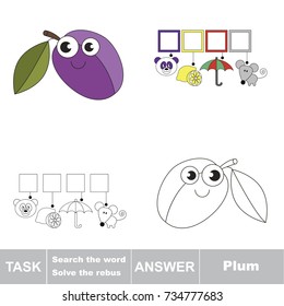 Educational puzzle game for kids. Find the hidden word Funny Plum