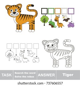 Educational puzzle game for kids. Find the hidden word Tiger