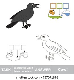 Educational puzzle game for kids. Find the hidden onomatopoeia word Caw, the crow voice